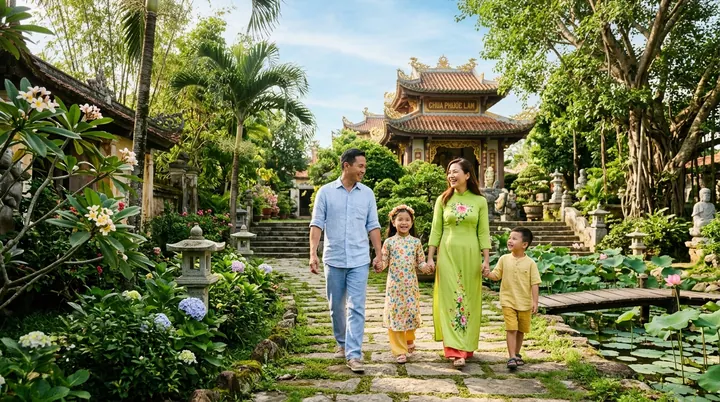 Một gia đình trẻ dắt tay các bé dạo bước trên thềm đá cổ kính ngập sắc hoa sen thiền viện xanh rợp bóng cây mát mẻ