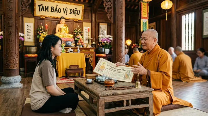 Một vị sư thầy đang cầm cuốn kinh hướng dẫn đôi vợ chồng trẻ cư sĩ ngồi xếp bằng trang nghiêm lắng nghe bài học Tam Bảo