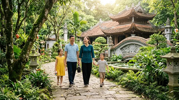 Cả gia đình trẻ và các bé vui vẻ dạo chơi trong thiền tự rợp mát bóng cây xanh, không khí trong lành mát mẻ