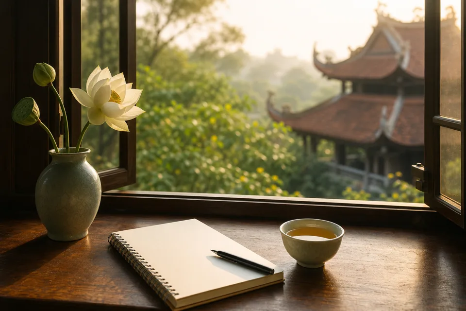 Không gian thanh tịnh với hoa sen, bàn gỗ và ánh sáng tự nhiên