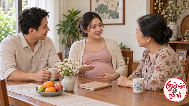 Người phụ nữ mang thai trò chuyện với hai người thân bên bàn có hoa, trái cây và sổ đóng