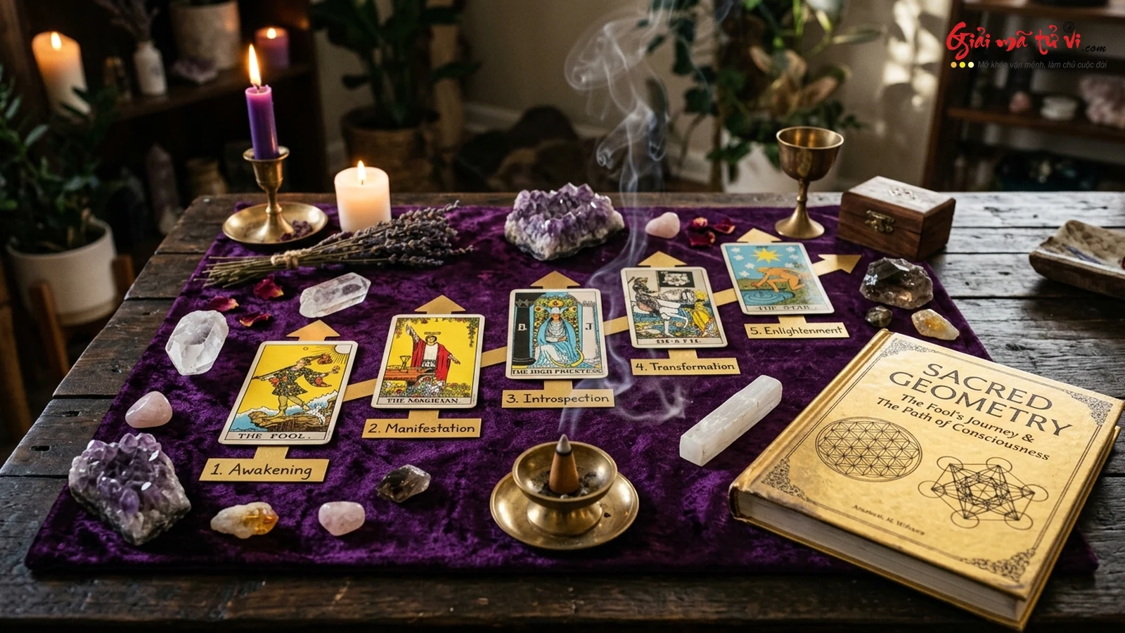Trải bài 5 lá Bản đồ tiến hóa The Fool's Journey trên bàn thờ Tarot chuyển hóa