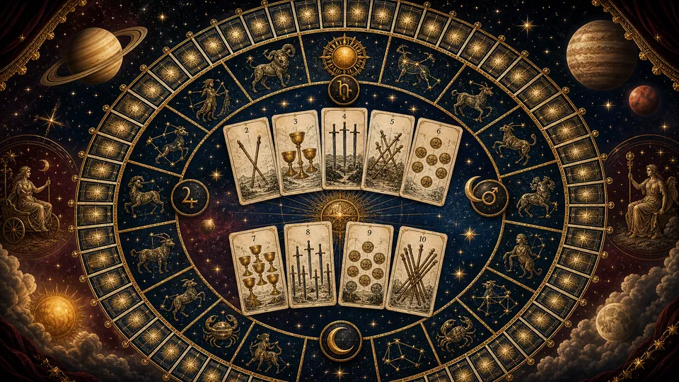 Minh họa hệ thống 36 Decans kết nối Minor Arcana với các hành tinh và cung hoàng đạo