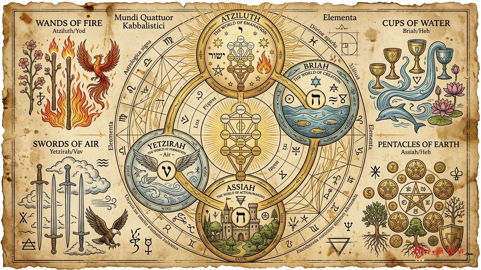 Ma trận 4 thế giới Kabbalah Atziluth Briah Yetzirah Assiah tương ứng 4 chất Wands Cups Swords Pentacles trong Tarot