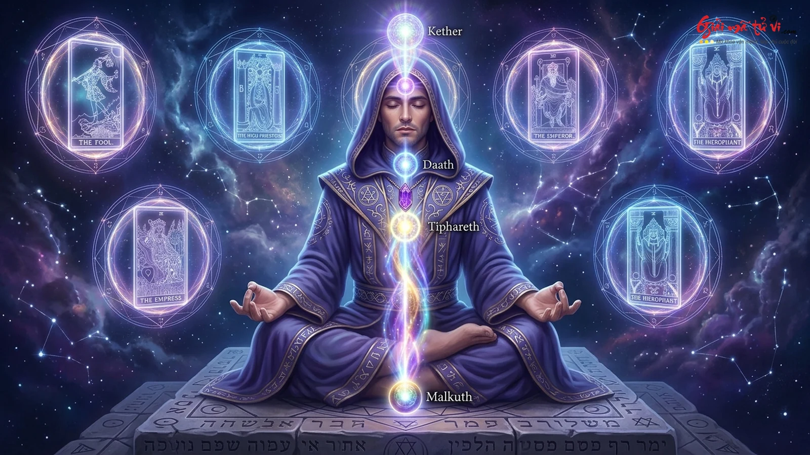Thiền định Pathworking kích hoạt Middle Pillar Cột Trụ Giữa kết nối Kether và Malkuth trên Cây Sự Sống Tarot