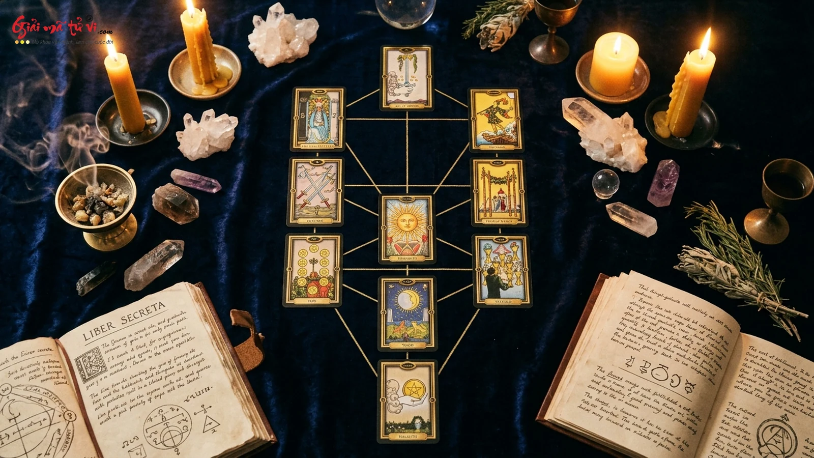 Trải bài Cây Sự Sống Tree of Life Spread 10 lá bài Tarot trên bàn đọc bài cổ điển với nến và đá pha lê