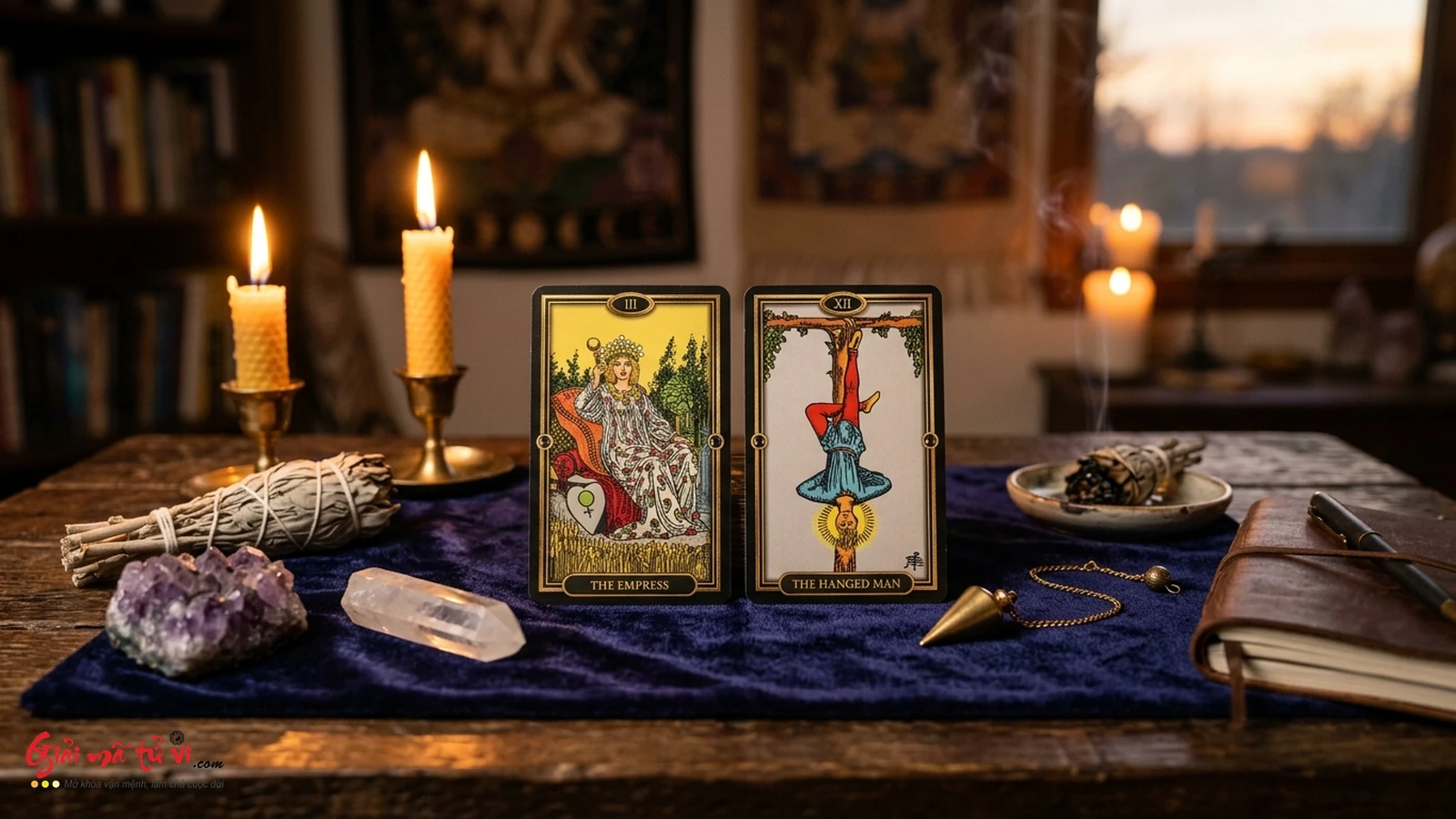 Không gian thiền định và trải bài kích hoạt lá bài bản mệnh Tarot altar ritual