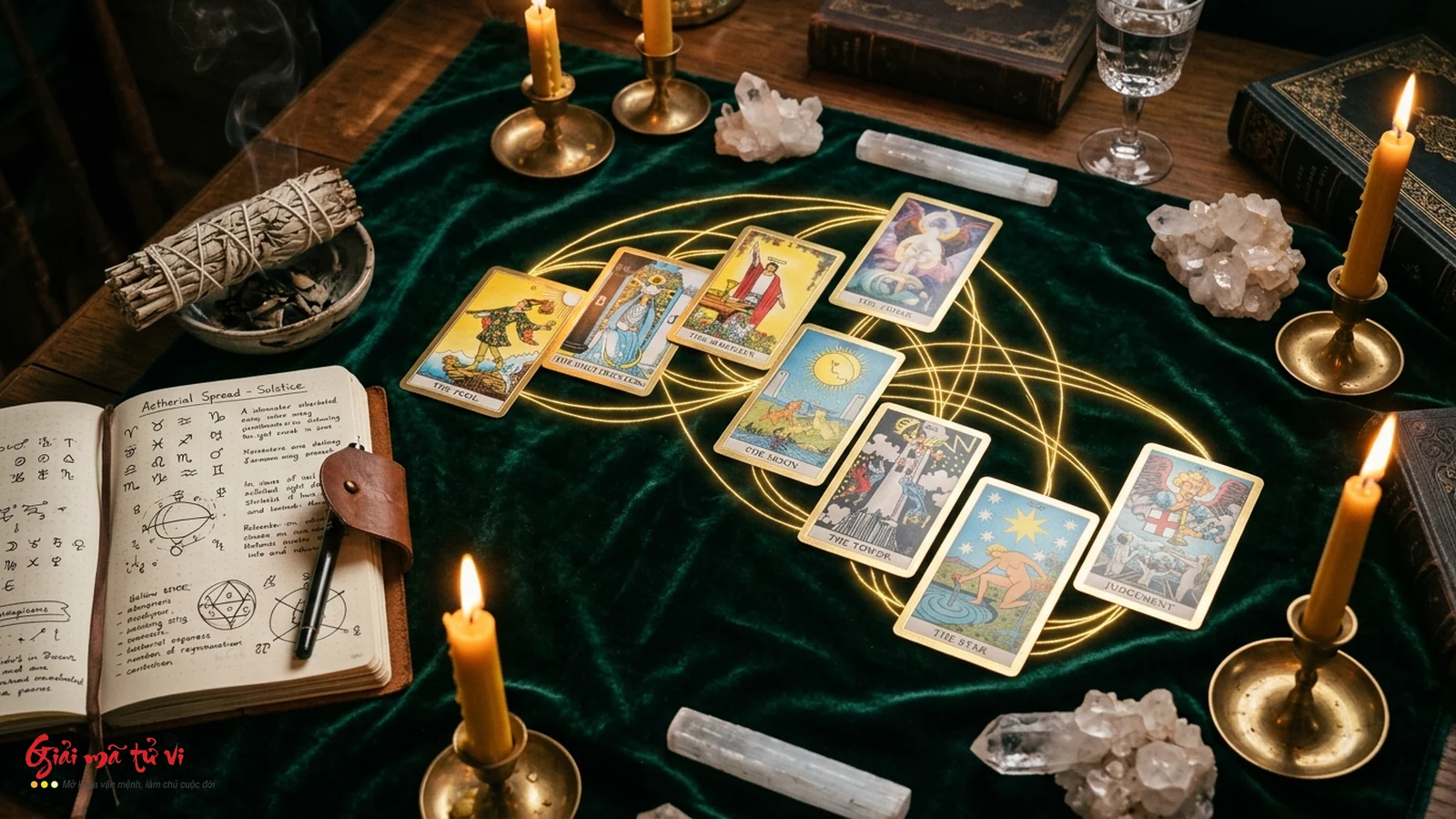 Một phiên trải bài Tarot năng lượng dòng chảy thực tế trên bàn gỗ sồi cổ với 7 lá bài kết nối bởi luồng sáng tâm thức ấm áp