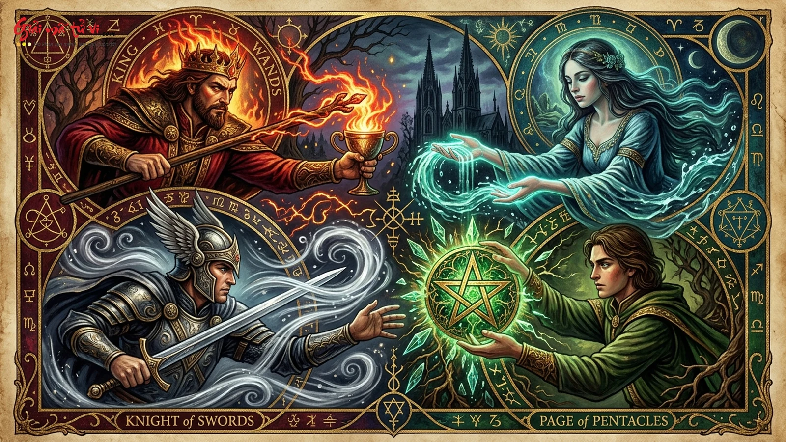 Bốn nhân vật hoàng gia Tarot đại diện 4 nguyên tố Lửa Nước Khí Đất đang trao nhận bảo vật qua cử chỉ đôi bàn tay đan xen ánh sáng giả kim