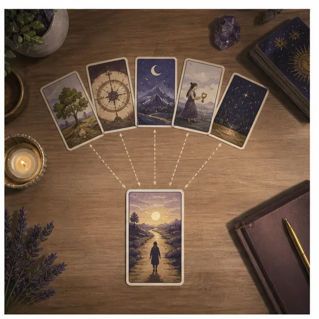 Một lá Tarot đặt giữa nhật ký và biểu tượng các nhánh quyết định