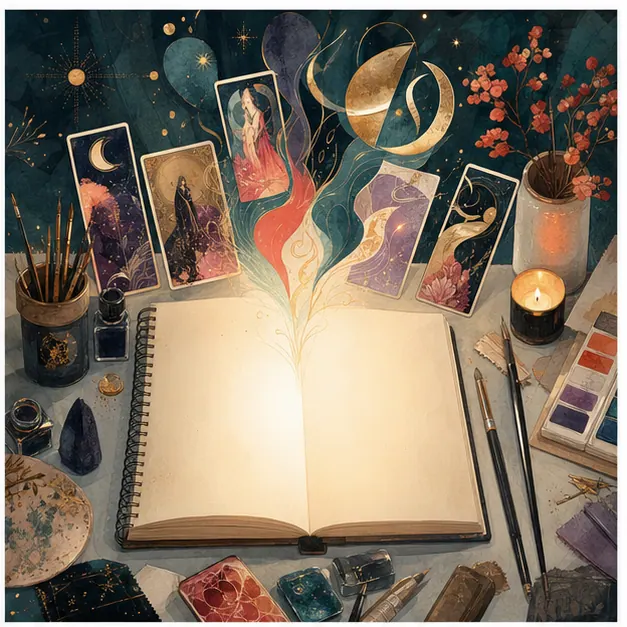 Sổ phác thảo mở cạnh lá Tarot và cọ vẽ nhiều màu