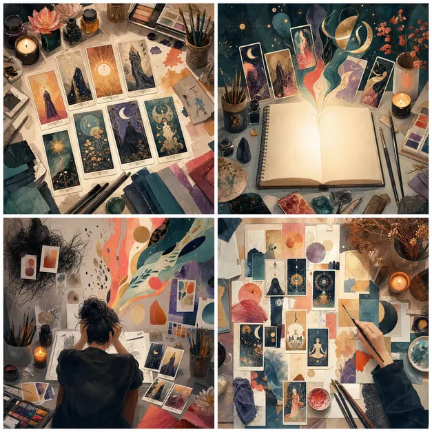 Bàn làm việc của người sáng tạo với Tarot, giấy trắng và ánh sáng cảm hứng