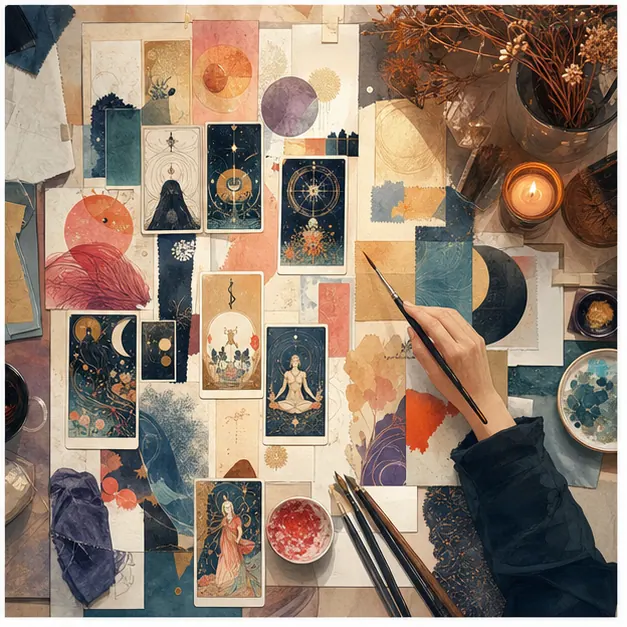 Bảng ý tưởng sáng tạo với Tarot, màu nước và biểu tượng trừu tượng