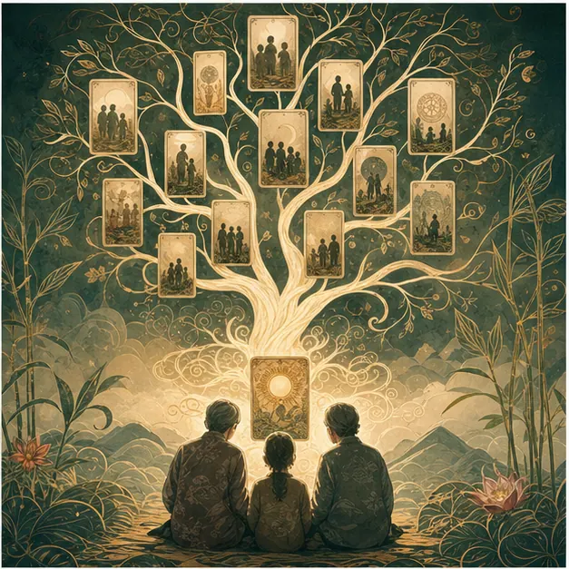 Các lá Tarot cạnh biểu tượng cây gia đình và ánh sáng ấm