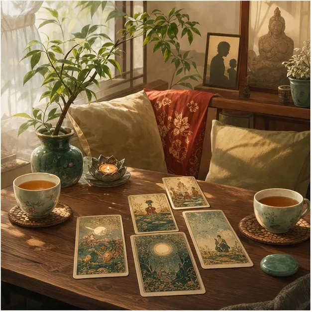 Góc nhà yên tĩnh với Tarot, trà và không gian đối thoại an toàn