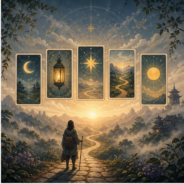 Con đường mờ sương dần sáng với lá Tarot và biểu tượng la bàn