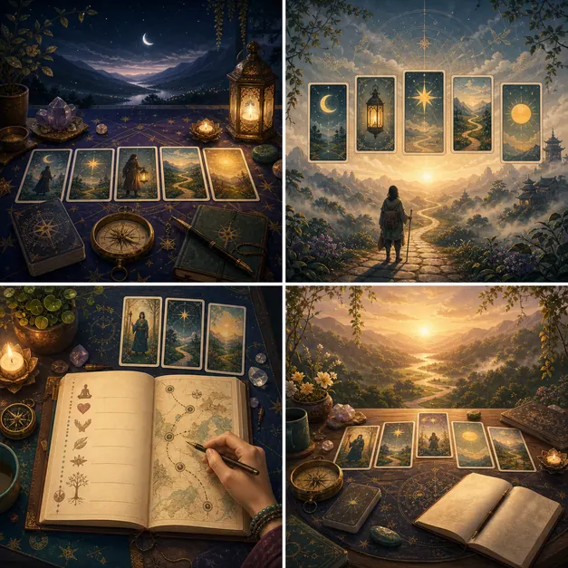 Sổ ghi giá trị cá nhân cạnh bản đồ và trải bài Tarot