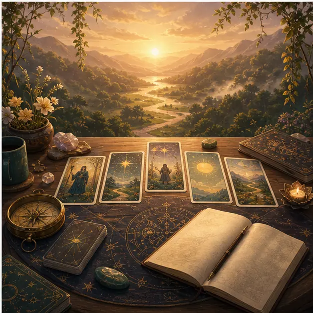 Bàn đọc Tarot trong ánh bình minh tượng trưng cho sự rõ ràng trở lại
