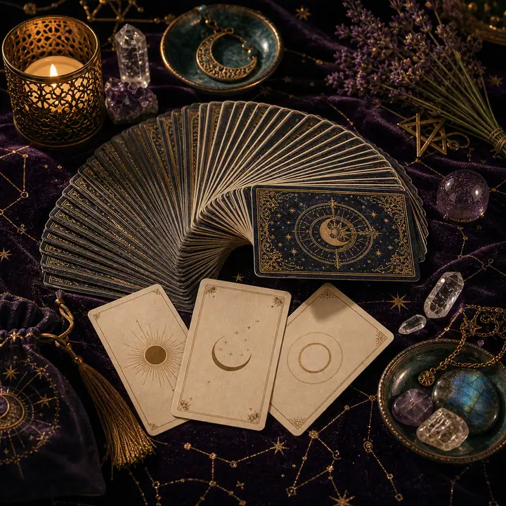 Bộ bài Tarot xòe cánh quạt họa tiết chiêm tinh trăng sao bên ba lá bài biểu tượng Mặt Trời, Mặt Trăng cùng tinh thể thạch anh và nến thơm trên khăn nhung tím