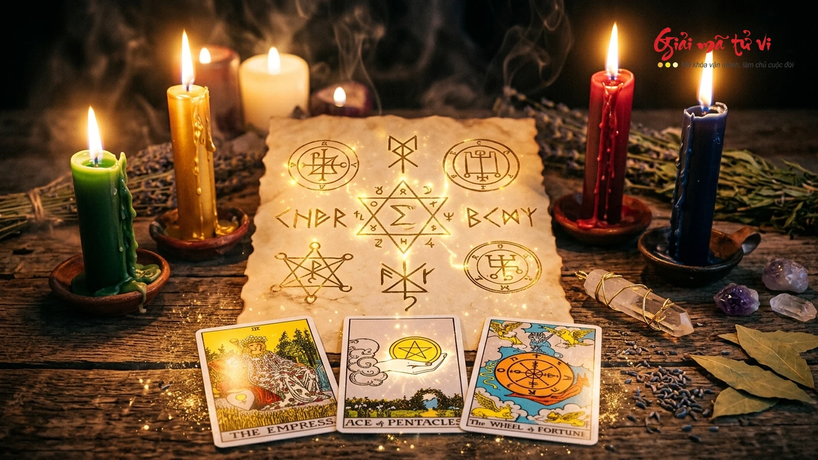 Nghi thức Candle Magic phối hợp với lá bài The Empress Ace of Pentacles và khắc ấn ký Sigil trên giấy da cổ