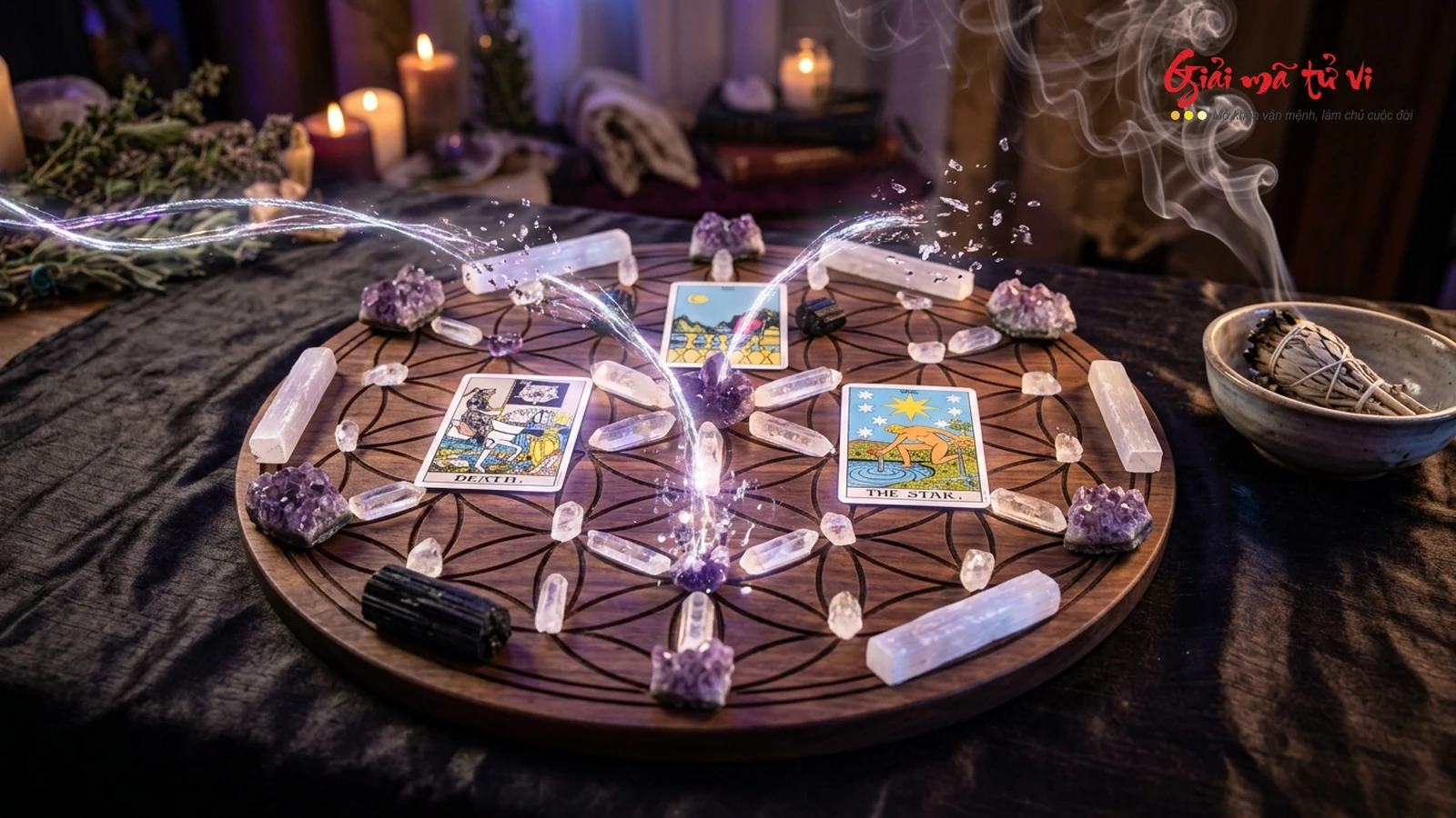 Ma trận lưới tinh thể đá quý Crystal Grid hình học Hoa sự sống kết hợp với lá bài Death Eight of Cups The Star cắt đứt dây nối năng lượng độc hại
