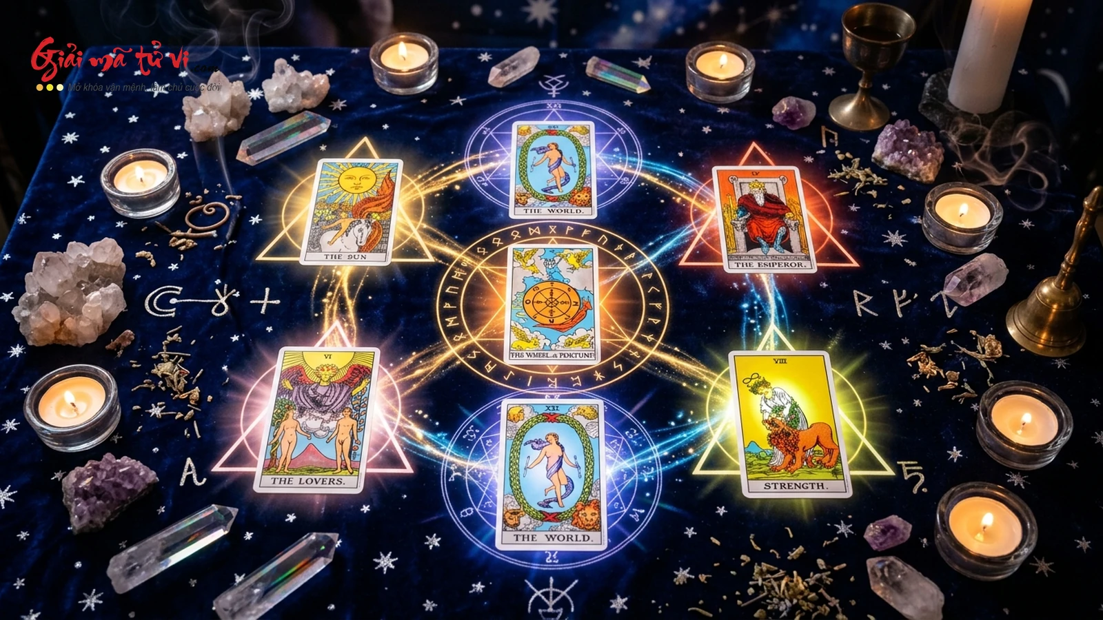 Sơ đồ 6 phác đồ nghi thức Tarot Magic kiến tạo thực tại The Sun Wheel of Fortune The Lovers The Emperor Strength The World