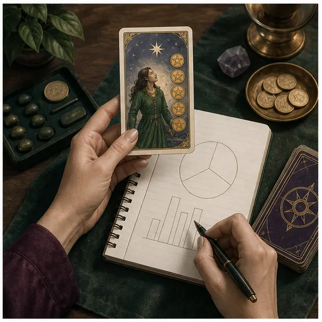 Lá Tarot đặt cạnh sổ ngân sách và các đồng xu trên bàn làm việc