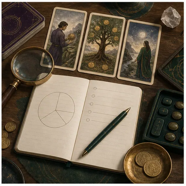 Bộ bài Tarot với biểu tượng kế hoạch tài chính và kiểm tra dữ kiện
