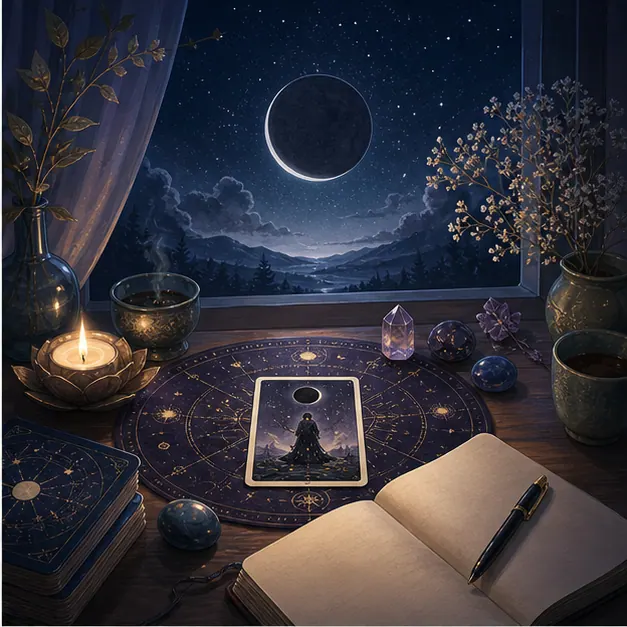 Lá bài hình người đứng dưới vòng trăng tối, sổ trống và bút bên cửa sổ trời sao