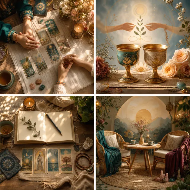 Sổ ghi chú Tarot mở cạnh lá bài và biểu tượng ranh giới cá nhân