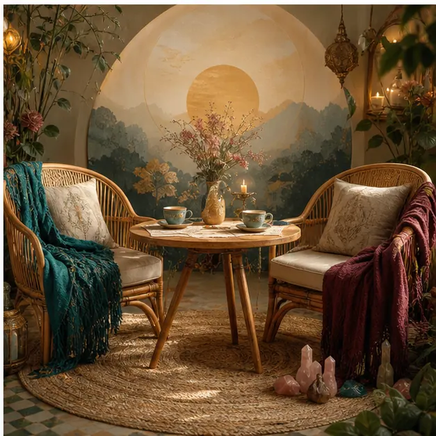 Bàn Tarot yên tĩnh với hai chiếc ghế và ánh sáng ấm cho cuộc trò chuyện hòa giải