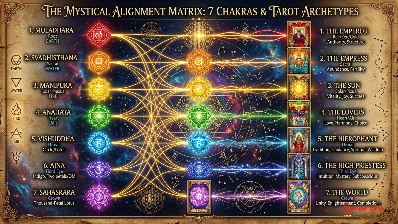 Ma trận đối chiếu 7 luân xa với 78 lá bài Tarot và 4 nguyên tố Đất Nước Lửa Khí