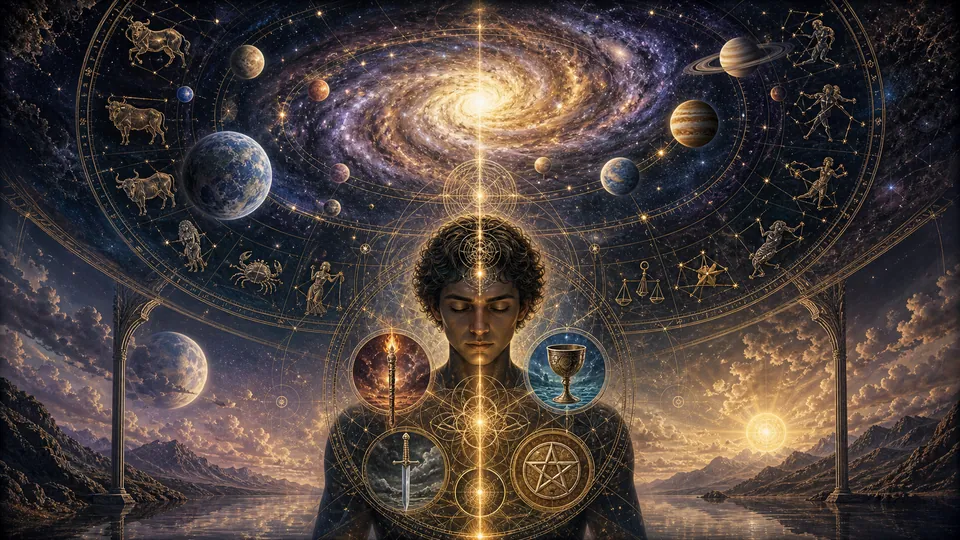 Minh họa nguyên lý Tương Ứng giữa đại vũ trụ và tiểu vũ trụ qua bốn chất Tarot