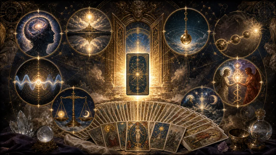 Minh họa bảy nguyên lý Hermetic kết nối với hệ thống 78 lá bài Tarot