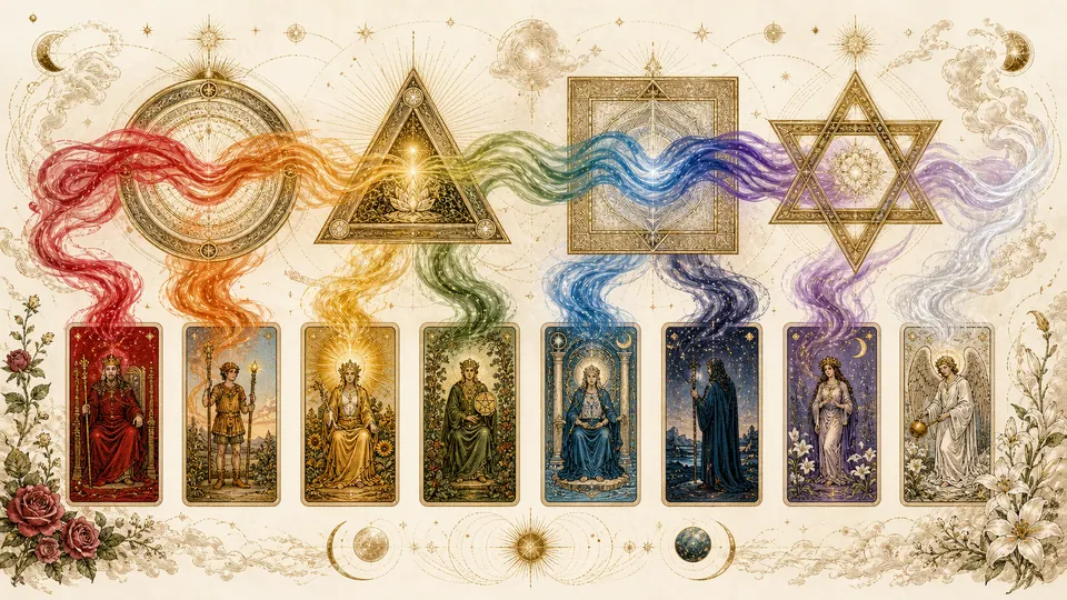 Minh họa tám dải màu huyền học và bốn dạng hình học thiêng trong Tarot