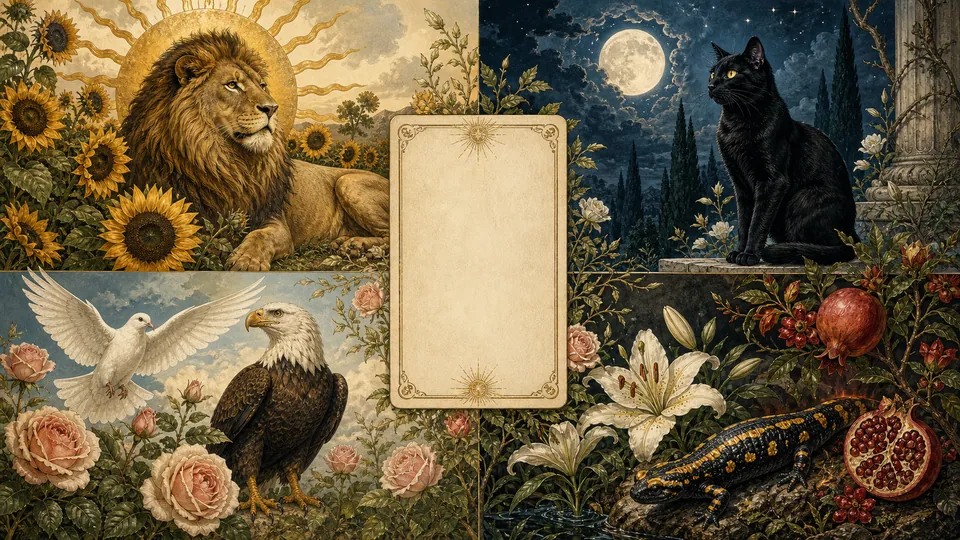 Minh họa động vật thiêng và thảo mộc huyền môn trong biểu tượng Tarot