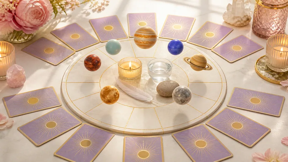 Mười hai lá Tarot úp quanh bánh xe chiêm tinh sáng cùng bốn nguyên tố và bảy hành tinh