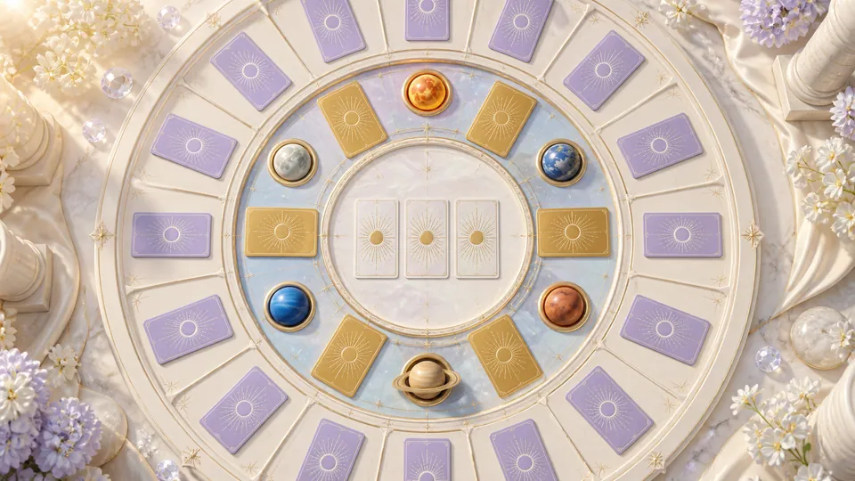 Ba lớp bài Tarot úp gồm ba lá bảy lá và mười hai lá quanh bánh xe thiên thể