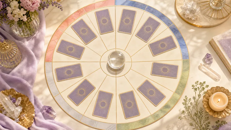 Mười hai lá Tarot úp đặt trong mười hai cung nhà quanh quả cầu pha lê trung tâm