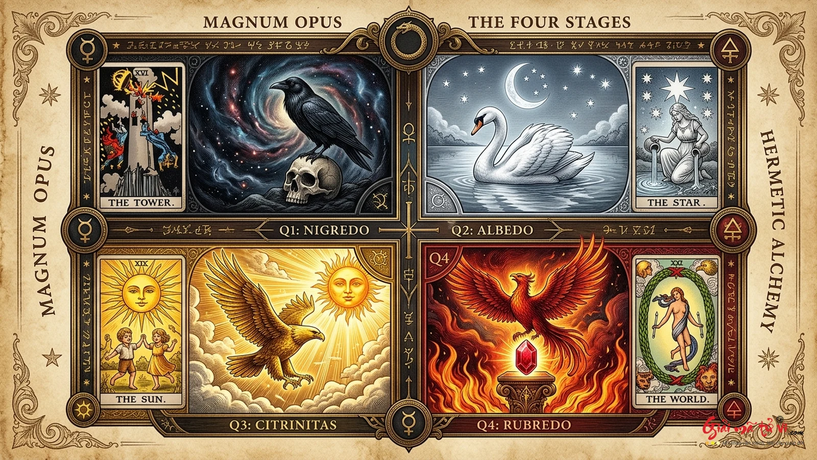 Bốn giai đoạn Đại Công Trình Magnum Opus Nigredo Albedo Citrinitas Rubredo trong biểu tượng Tarot