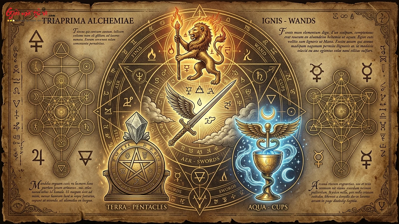 Tam Nguyên Tria Prima Lưu Huỳnh Thủy Ngân Muối và 4 Nguyên Tố trong Lò Nung Giả Kim Tarot