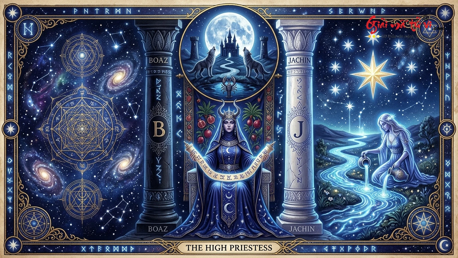 Bộ ba lá bài trấn giữ cổng mộng trong Tarot: The Moon XVIII, The High Priestess II và The Star XVII