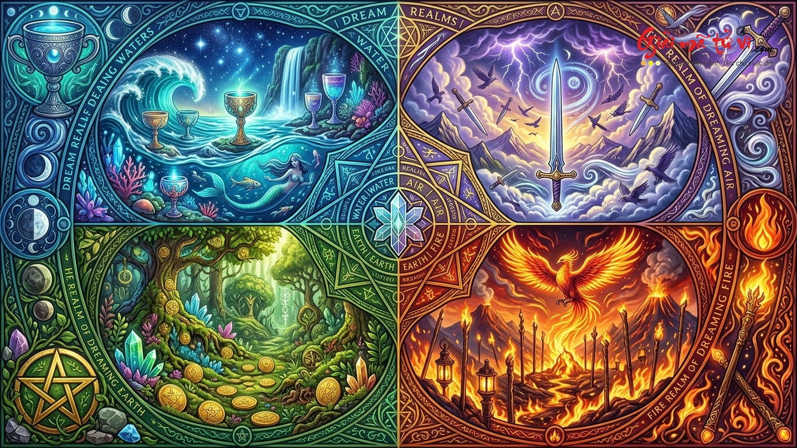 Ma trận 4 nguyên tố mộng cảnh trong Tarot: Đất (Pentacles), Nước (Cups), Khí (Swords) và Lửa (Wands)