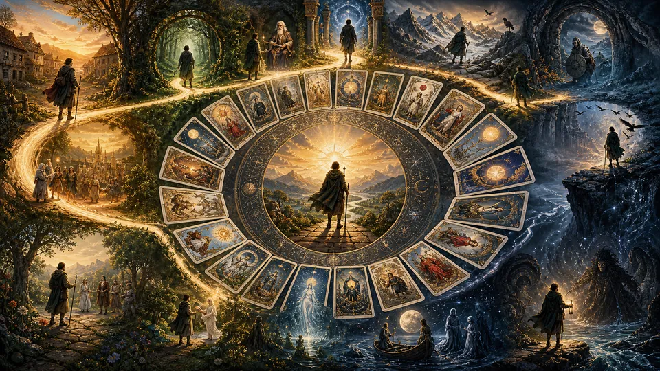 Minh họa Hành Trình Anh Hùng qua mười bảy cột mốc và các cổ mẫu Tarot