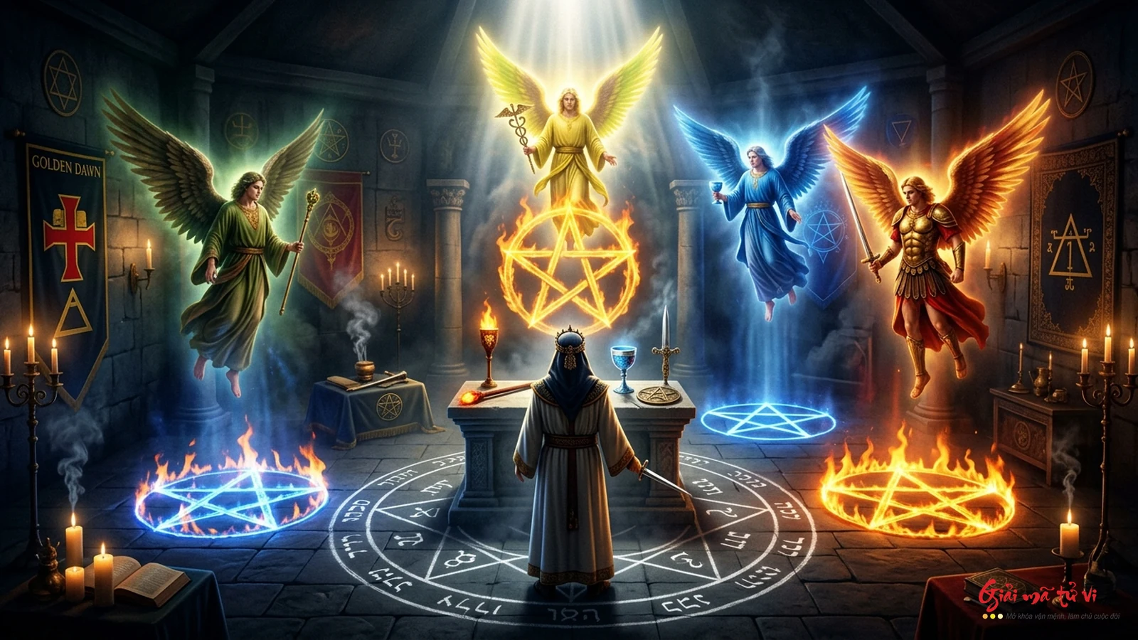 Nghi thức thanh tẩy trừ tà LBRP và thiết lập 4 vũ khí nguyên tố trên bàn đọc Tarot trong dòng Golden Dawn