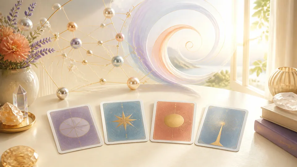 Bốn lá Tarot hình học trước mạng nút học tập và vòng xoắn mở ra khung nhìn sáng