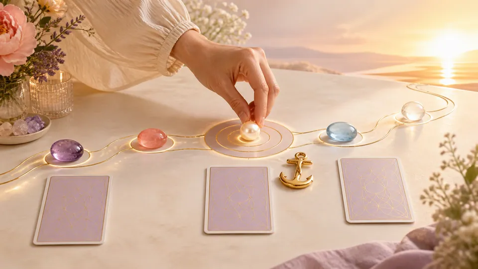 Dòng thời gian sáng với các viên đá cảm xúc lá Tarot và thao tác đặt ngọc neo tại tâm