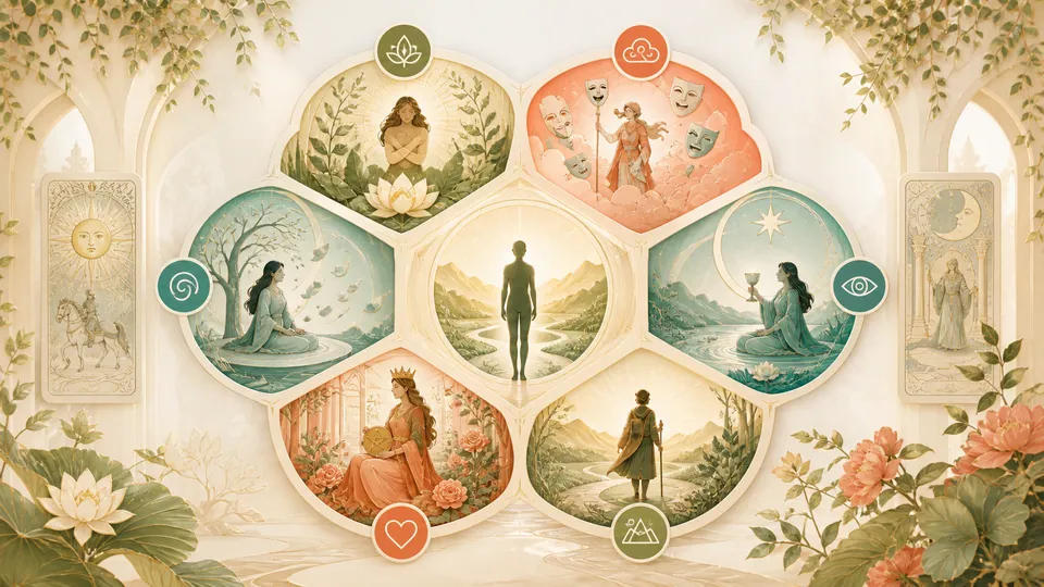 Minh họa ACT Tarot và sáu trụ cột linh hoạt tâm lý