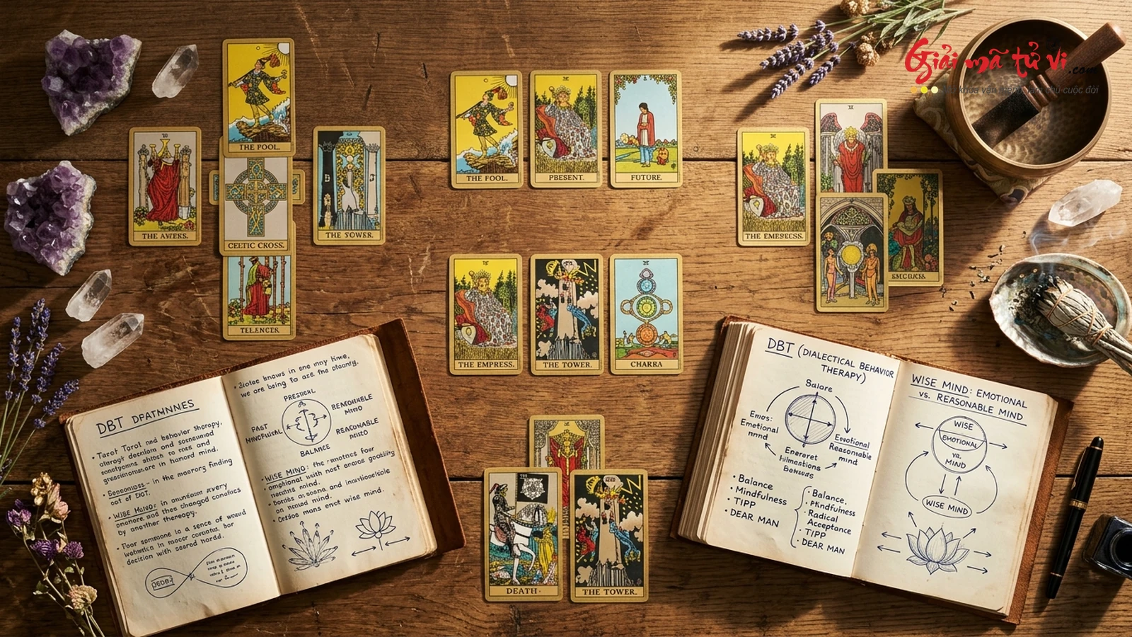 Bố cục 6 phác đồ trải bài DBT Tarot trị liệu thực chiến: Khai mở Wise Mind, Chấp nhận triệt để, Hành động đối nghịch, Giao tiếp DEAR MAN, Con đường Trung Đạo và Phục hồi sang chấn