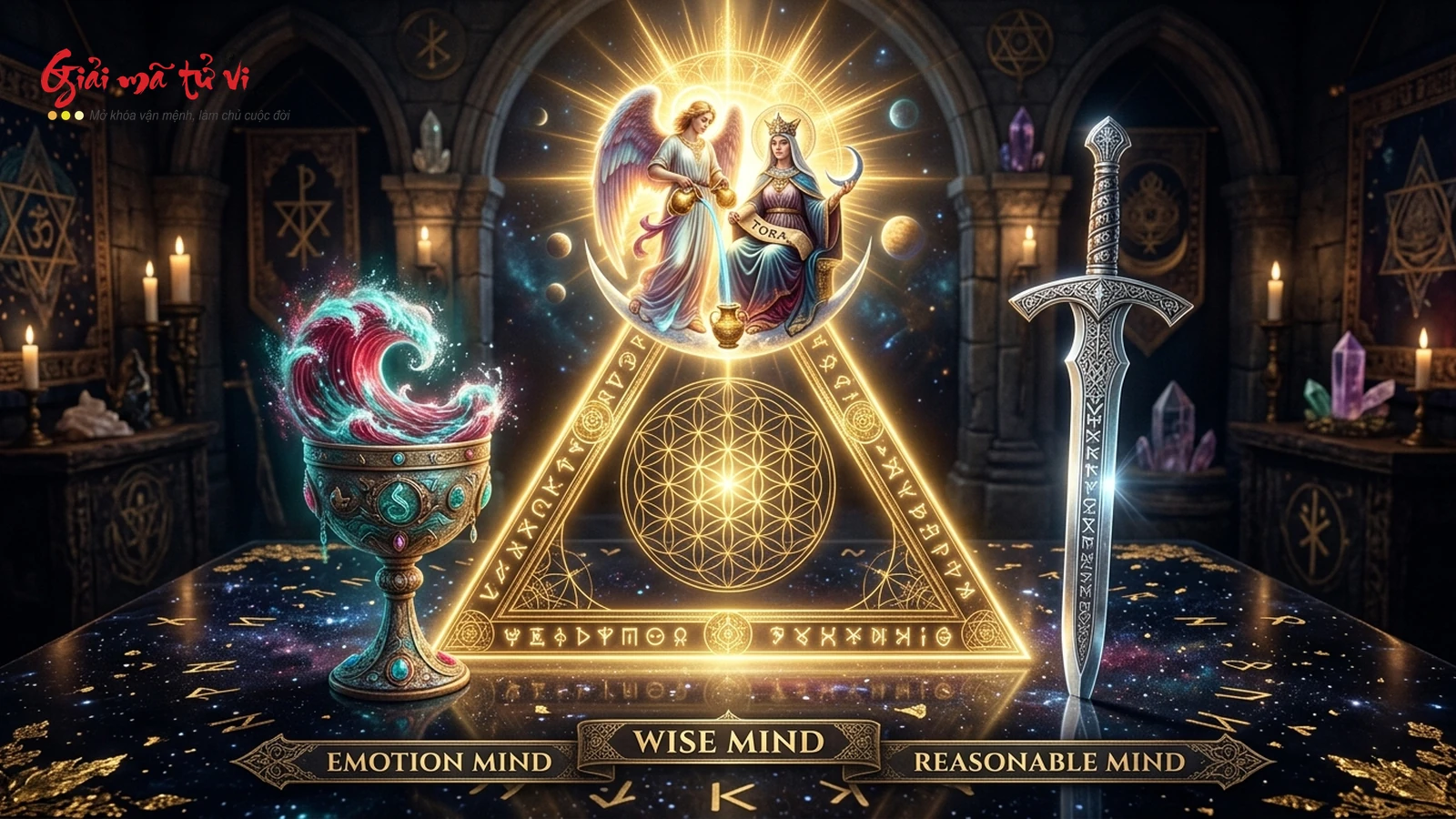 Bản đồ ma trận 3 trạng thái tâm trí trong DBT Tarot: Emotion Mind (Cups), Reasonable Mind (Swords) và sự hợp nhất Wise Mind (The High Priestess & Temperance)
